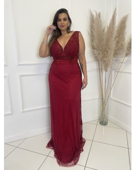 Vestido Marsala Bordado Renda Lateral