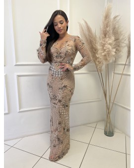Vestido Nude e Prata Bordado Pedraria - Fabiana Milazzo