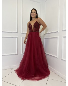 Vestido Marsala Saia Rodada de Tule com Tronco Bordado 