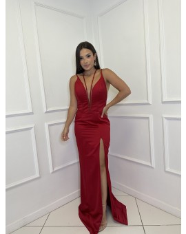 Vestido Vermelho Sereia com Fenda e Alça Bordada