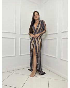Vestido Envelope Tule Bordado Azul