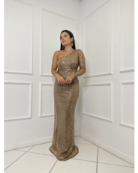 Vestido Dourado Um Ombro Só Renda Paetizada
