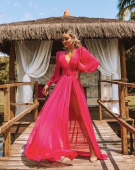 Vestido Princesa Rosa Pink Manga Longa e Fenda