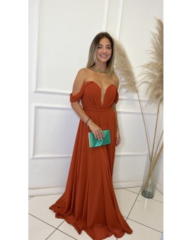 Vestido Terracota Ombro a Ombro Fenda