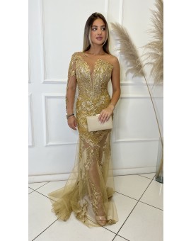 Vestido Dourado Bordado Uma Manga só