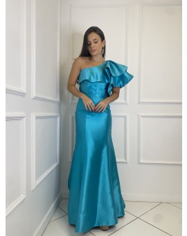 Vestido Tiffany Turquesa Um Ombro com Babado