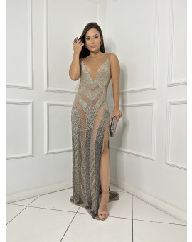 Vestido Degrade Prata e Grafite com Fenda 