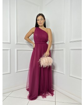 Vestido Tule Fúcsia Um Ombro Só Amarração