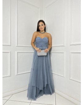 Vestido Tule Azul Acinzentado Tomara - Que - Caia Amarrações
