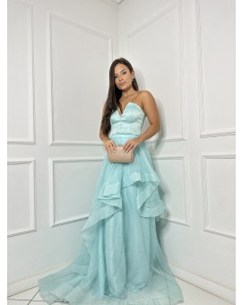 Vestido Verde Tiffany Organza com Babados