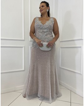 Vestido Bordado Prata Decote em V