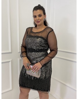 Vestido Curto Preto Manga Longa Bordado em Paetê Prata