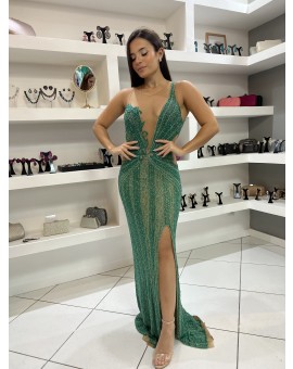 Vestido Verde Sereia Bordado com Fenda