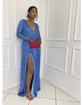 Vestido Azul Manga Longa Paetê Franjas
