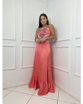 Vestido Coral e Pink Frente Única Bordado