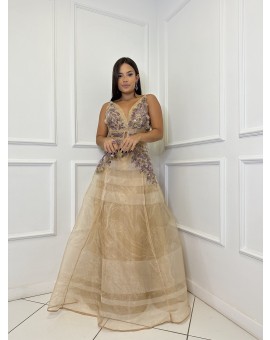 Vestido Nude com Aplicações em Flores 3D