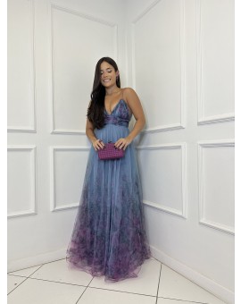 Vestido Tule Azul e Roxo Floral
