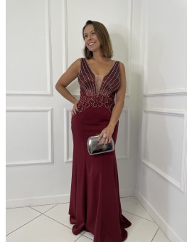 Vestido Marsala Sereia Tronco Bordado