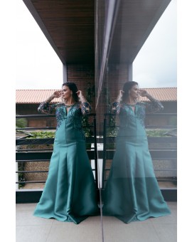 Vestido Verde Manga Longa Bordado