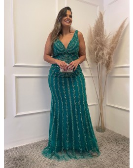 Vestido Verde Sereia Bordado em Pedraria
