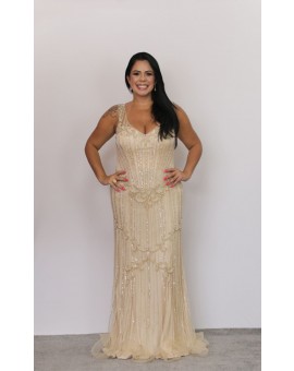 Vestido Dourado Semi-Sereia Bordado em Pedraria