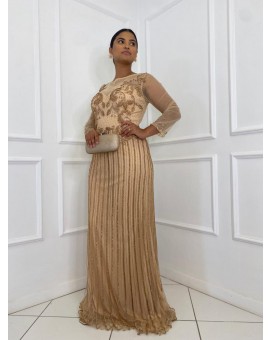 Vestido Nude Manga Longa Bordado