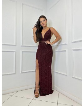 Vestido Marsala Bordado com Fenda