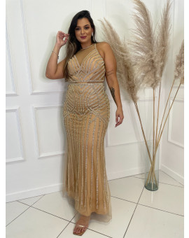 Vestido Dourado Bordado Decote Costas