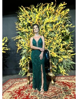 Longo Verde Renda Bordado com Fenda