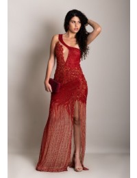 Vestido Pavão Bordado Vermelho com Fenda