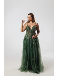 Vestido Tule Verde Oliva Alcinha Tronco Bordado