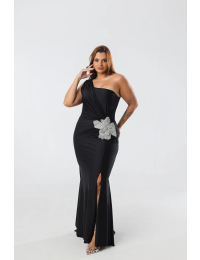 Vestido Preto Ombro Único Drapeado Flor