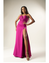 Vestido Longo Fúcsia Busto Plissado 