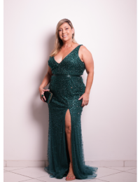 Vestido Verde Esmeralda Bordado Fenda