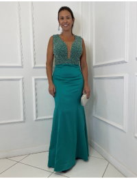 Vestido Sereia Verde Bordado em Pérola