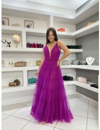 Vestido de Tule Fucsia com Detalhe Bordado na Cintura