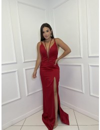 Vestido Vermelho Sereia com Fenda e Alça Bordada