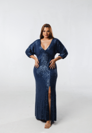 Vestido Azul Marinho Paetê Manga Morcego