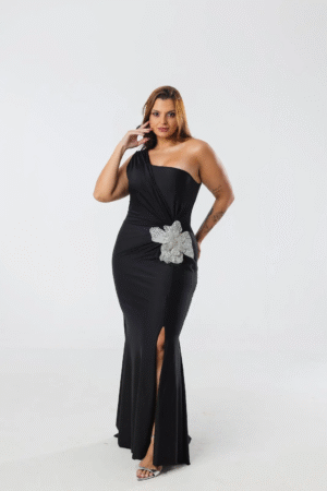 Vestido Preto Ombro Único Drapeado Flor