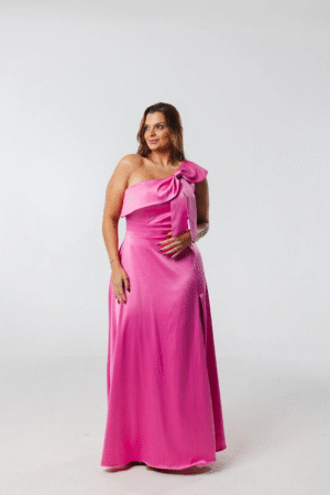 Vestido Pink Ombro Único com Laço e Fenda