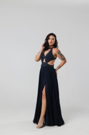 Vestido Azul Marinho Tronco Bordado