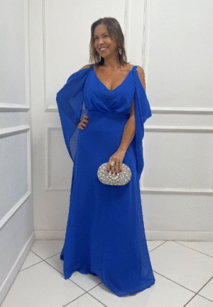 Vestido Azul Royal Fluido Manga Capa