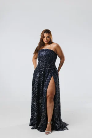 Vestido Azul Marinho com Prata Bordado TQC