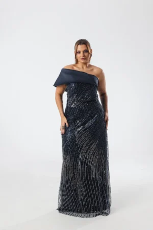 Vestido Azul Marinho e Prata Ombro Único