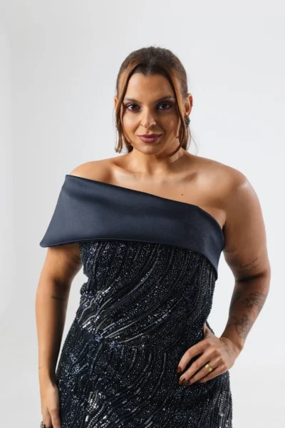 Vestido Azul Marinho e Prata Ombro Único - Imagem 2