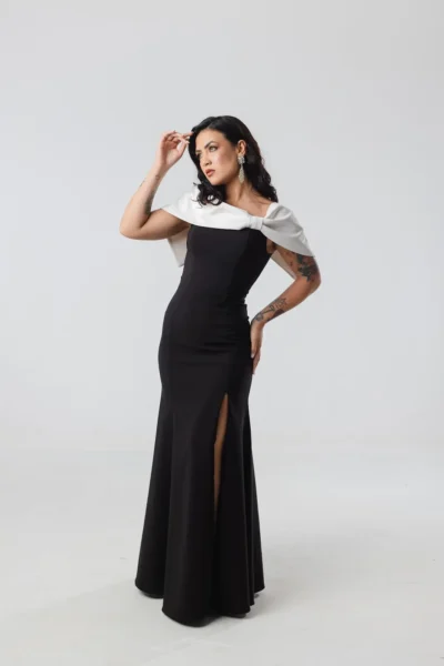 Vestido Preto Sereia Ombro a Ombro Branco - Imagem 2
