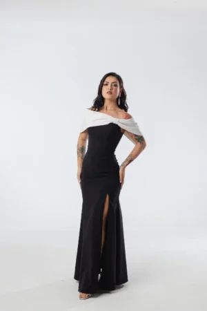 Vestido Preto Sereia Ombro a Ombro Branco
