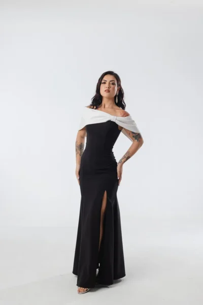 Vestido Preto Sereia Ombro a Ombro Branco