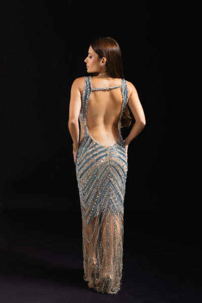 Vestido Azul e Prata Bordado Recortes - Imagem 3