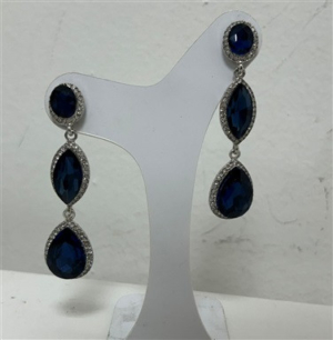 Brinco Azul Marinho 3 Pedras com Strass Prata